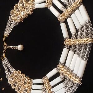 Napier milk glass, gold & crystal cut clear glass beaded collar or bib necklace